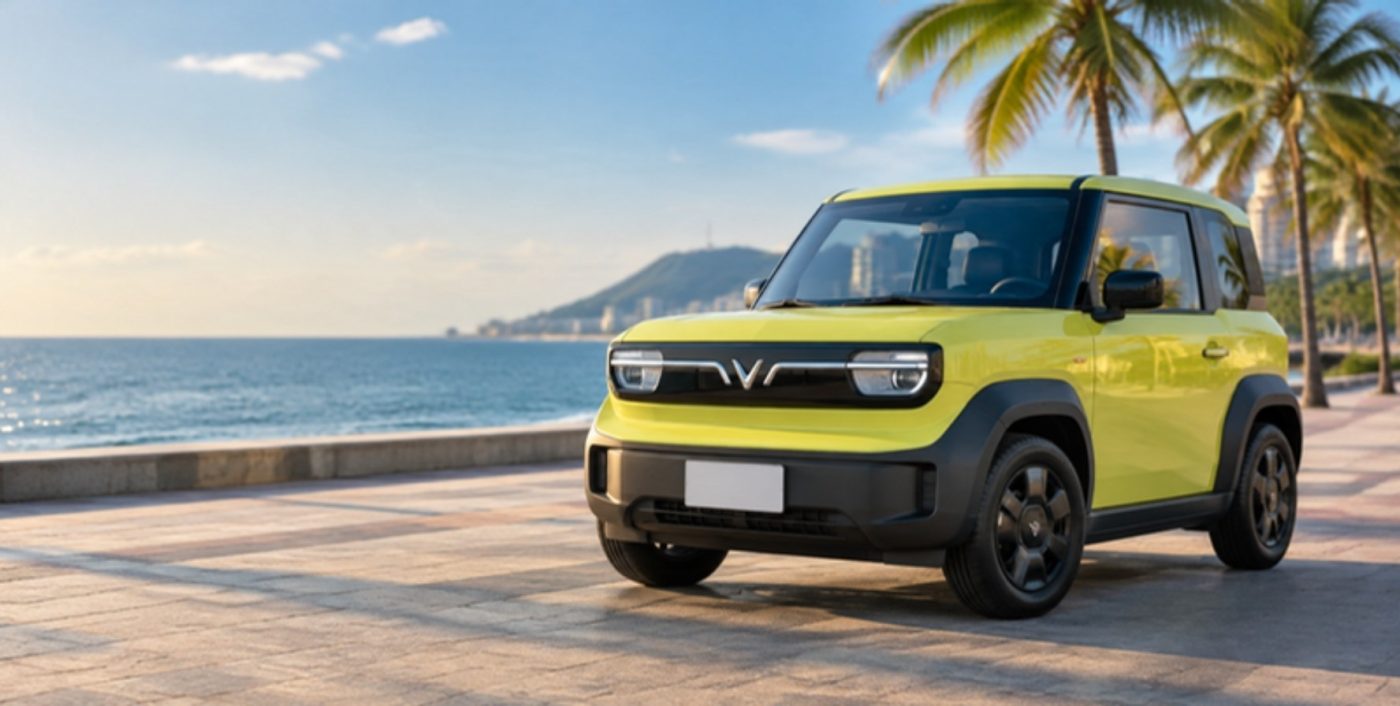Xe điện mini VinFast VF 3 bên bờ biển – thuê xe tự lái Duy Long Travel